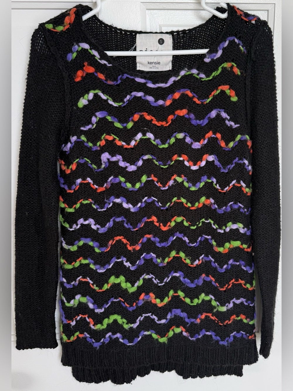 Pieces by Kensie Black Open Knit Sweater Colorful Ribbon Size Small